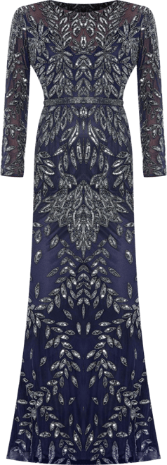 Women's Long Sleeve Illusion Neckline Embellished Gown