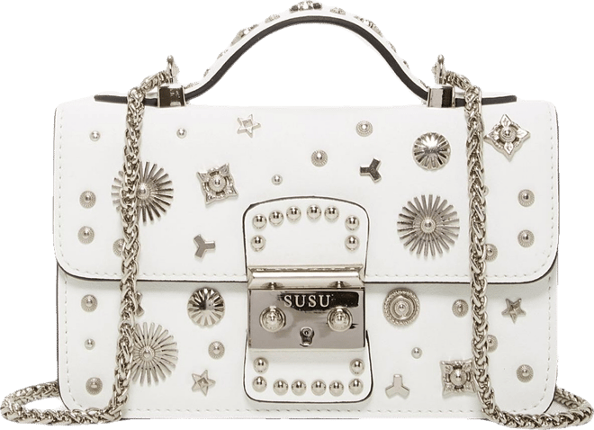 White Leather Crossbody Bag Small Structured Women s Handbag with Top Handle and Embelishments