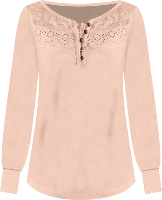Women's Lace-Yoke Long-Sleeve Henley Top