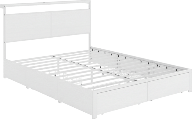 Modern Queen Size Bed Frame with 4 Storage Drawers & Led Headboard & Charging Station