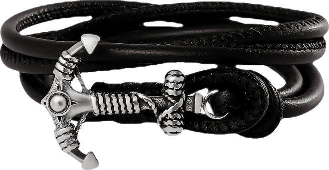 Mens Black Leather Anchor Wrap Bracelet with Adjustable Fit