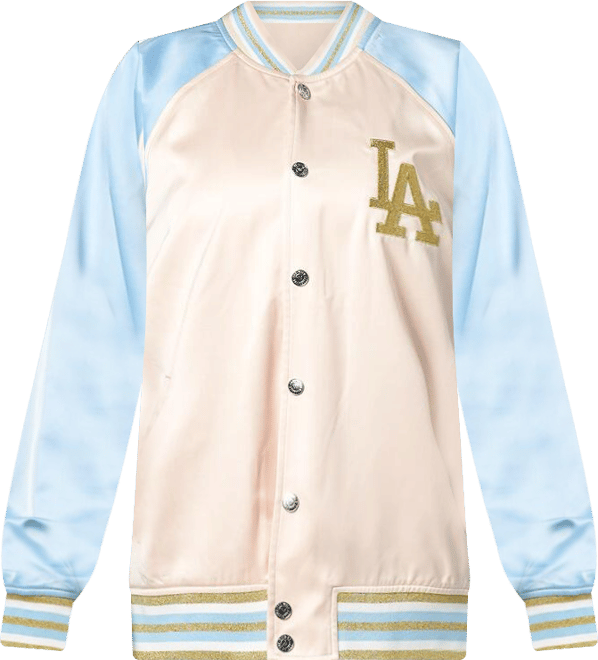 Women's Cream Los Angeles Dodgers Oversized Satin Raglan Full-Snap Bomber Jacket