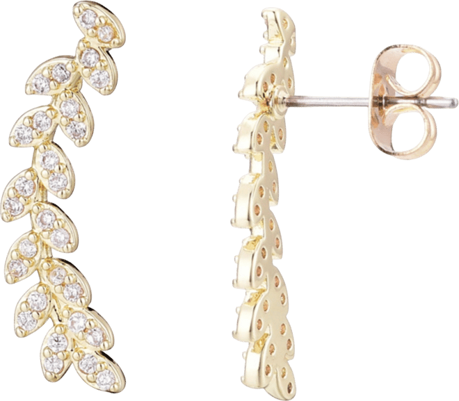 Gold Cz Curved Leaf Drop Earrings