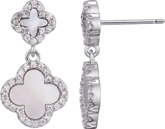 Silver Cz White Mother of Pearl Double Drop Earrings