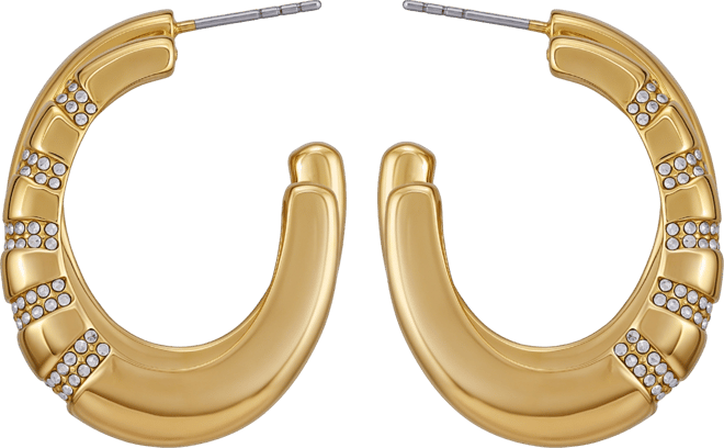 Glass Stone Gold-Tone Pave Huggie Hoop Earrings