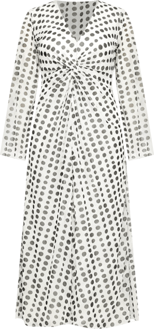 Women's Long Sleeve V-Neck Polka Dot Midi Dress