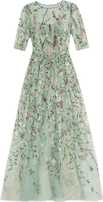 green emerald velvet dress Floral Embroidered Tulle Gown With 3D Flower main image 0
