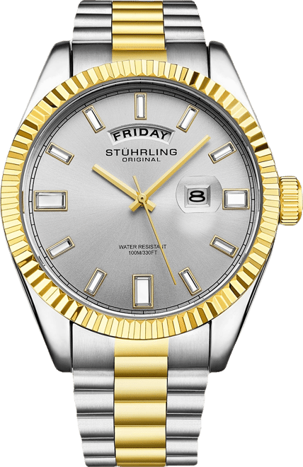 Statesman 4070 Men s Watch – Two-Tone Bracelet, Silver Dial, Day-Date Quartz, 42mm Fluted Bezel