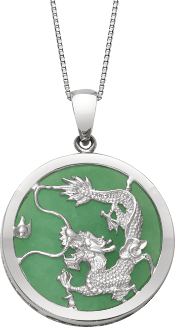 Dyed Green Jade Dragon Disc 18" Pendant Necklace in Sterling Silver