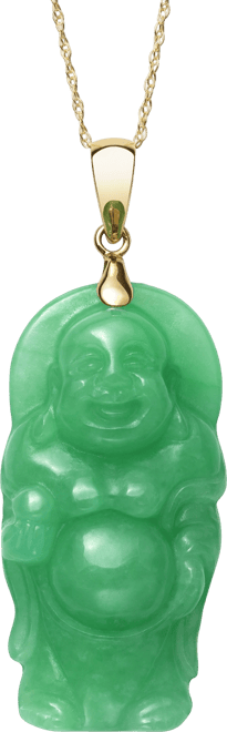 Dyed Green Jade Carved Buddha 18" Pendant Necklace in 14k Gold