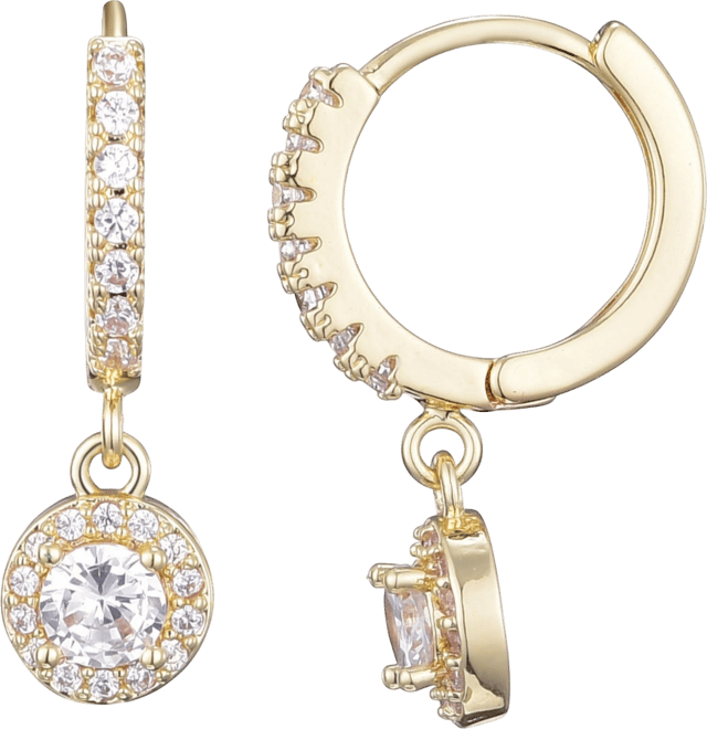 Gold Plated Cubic Zirconia Halo Drop Huggie Hoop Earrings