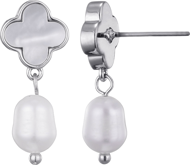 Silver Plated Freshwater Pearl Clover Drop Earrings