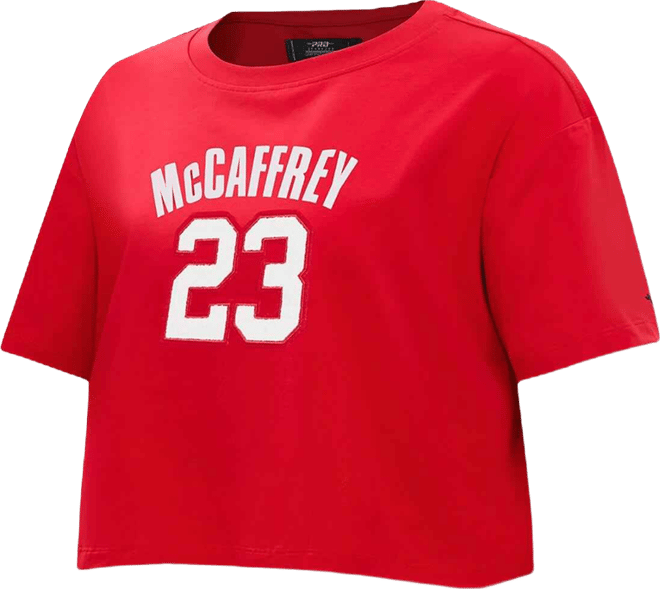 Women's Christian McCaffrey Scarlet San Francisco 49ers Player Name Number Cropped Boxy T-Shirt