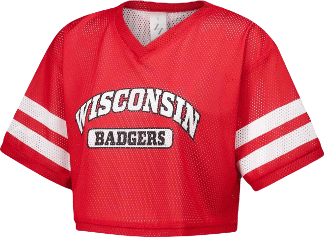 Women's Red Wisconsin Badgers Mesh Cropped V-Neck T-Shirt