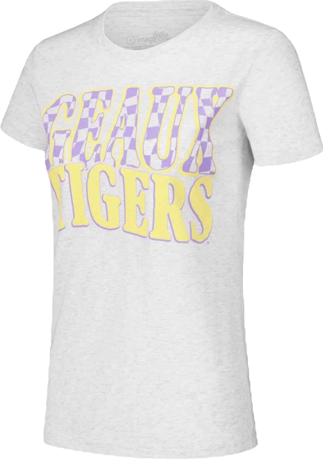 Women's Heather Gray Lsu Tigers Checkered Team Name Wavy Tri-Blend T-Shirt