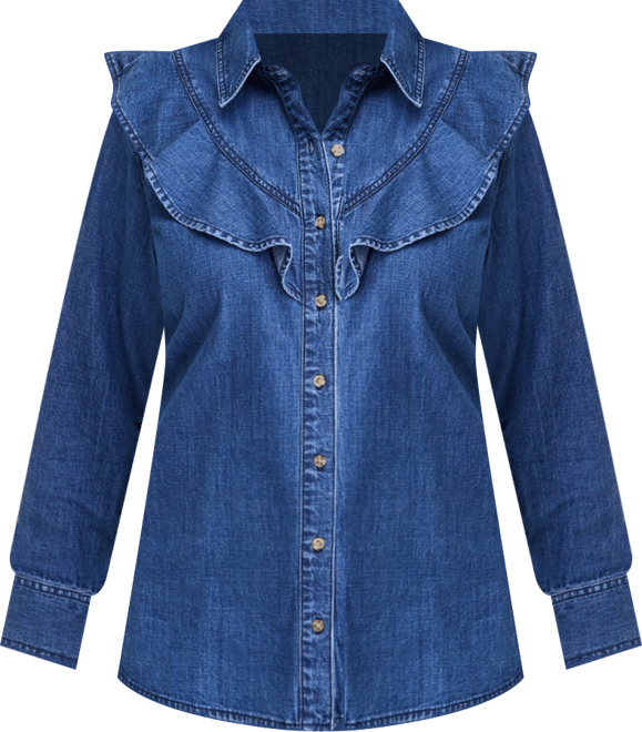 Trendy Plus Size Ruffle-Front Long-Sleeve Denim Shirt, Macy's Exclusive