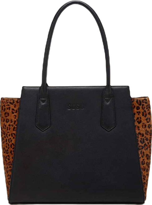 Black Leather Tote Bag with Leopard Print Sides Large Women's Shoulder Bag for Work, Travel, and Everyday Use