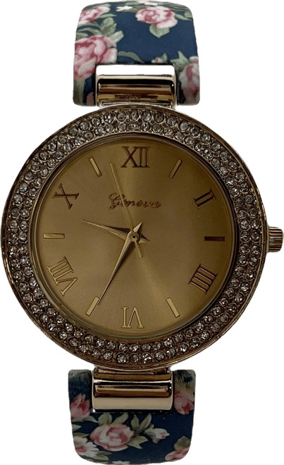 Navy Floral Printed Soft Band Bangle Women Watch