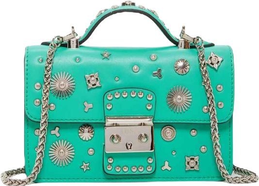 Small Green Leather Crossbody Bag with Silver Studs Designer Purse for Women