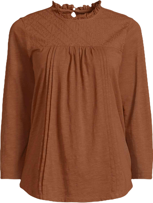 Women's 3/4 Sleeve Cotton Slub Lace Trim Top