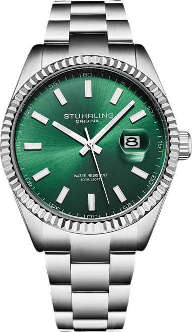 Vanguard 4069 Men's Quartz Watch – 42mm, Green Dial, Stainless Steel Bracelet, Fluted Bezel, Date, 100M Water Resistant