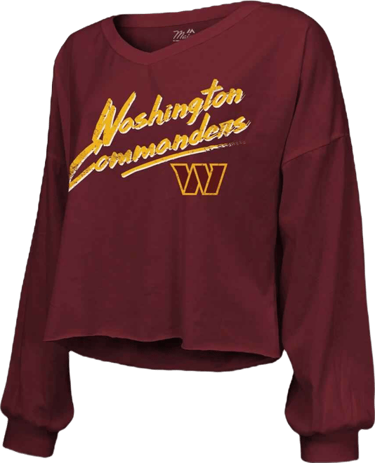 Women's Jayden Daniels Burgundy Washington Commanders Off-Shoulder Script Player Name Number Cropped Long Sleeve V-Neck T-Shirt
