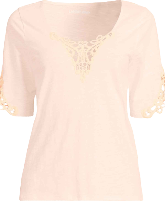 Women's Elbow Sleeve Slub Lace Trim T-Shirt