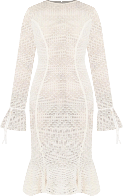 Women's Pamina Beige Crochet Long Sleeve Midi Flare Mermaid Dress