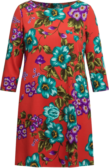 Plus Size Orange Floral Print Three Quarter Sleeve A Line Knee Length Dress