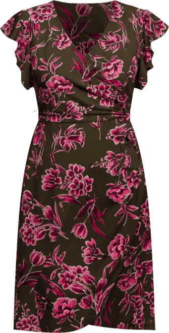 Plus Size Brown and Pink Floral Flutter Sleeve Wrap Dress