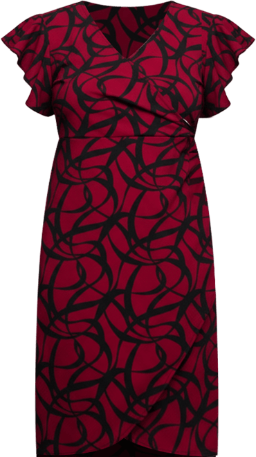24seven Comfort Apparel Plus Size Burgundy Print Flutter Sleeve Faux Wrap  Dress - Macy's