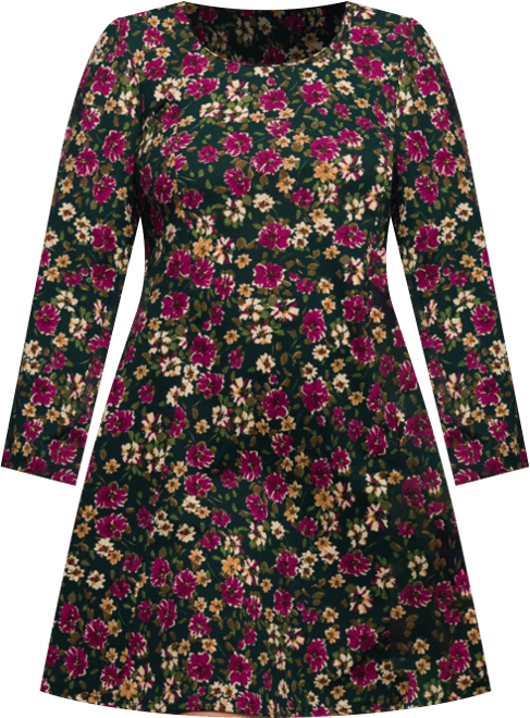 Plus Size Floral Print Long Sleeve Fit and Flare Mini Dress