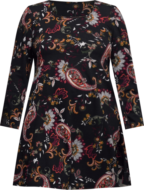 Plus Size Black Paisley Print Long Sleeve Fit and Flare Dress