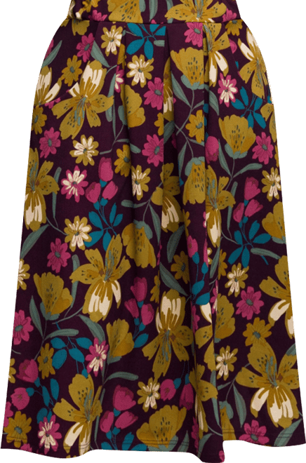 Plus Size Purple Floral Elastic Waist Pocket Midi Skirt