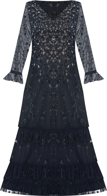 Women's V-Neck Embellished Long Flutter Sleeve Tired Gown