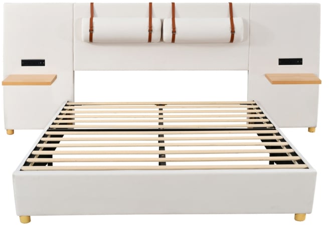 Streamdale Queen Bed with Outlets, Pillows, Shelves, Velvet