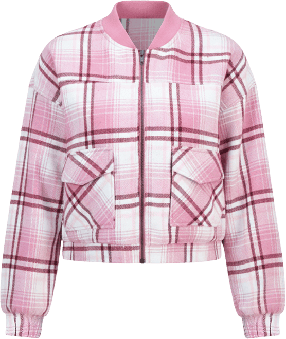 Juniors' Plaid-Print Bomber Jacket