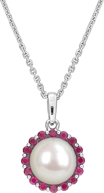 Cultured Freshwater Pearl (8mm) & Ruby (1/3 ct. t.w.) 18" Pendant Necklace in Sterling Silver