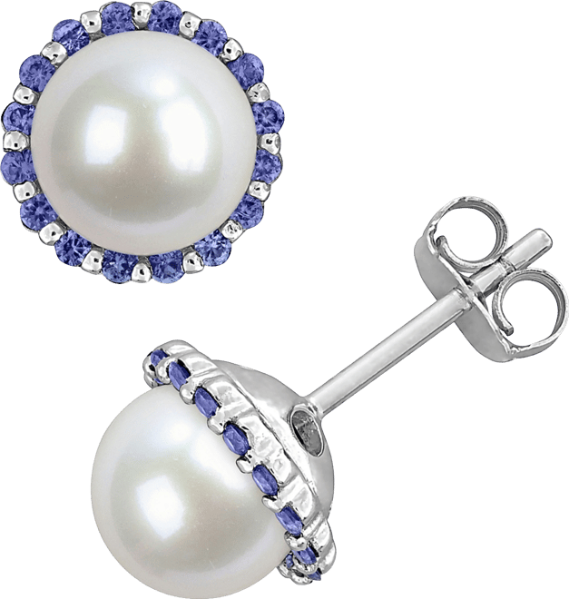 Cultured Freshwater Pearl (7-7.5mm) & Sapphire (3/8 ct. t.w.) Stud Earrings in Sterling Silver