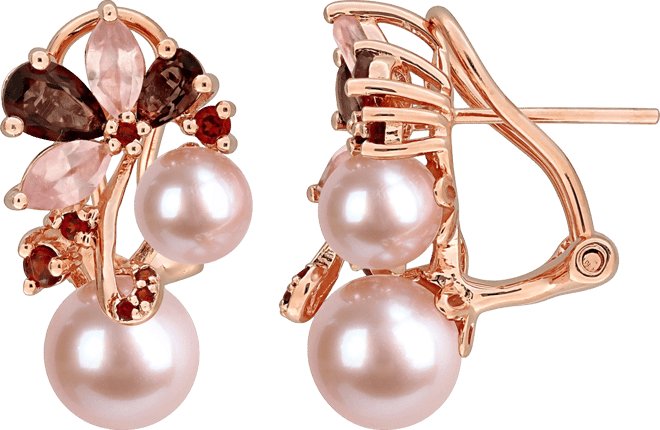 Pink Cultured Freshwater Pearl (6 & 8mm) & Multi-Gemstone (2-5/8 ct. t.w.) Cluster Omega Back Earrings in 18k Rose Gold Flash-Plated Sterling Silver -