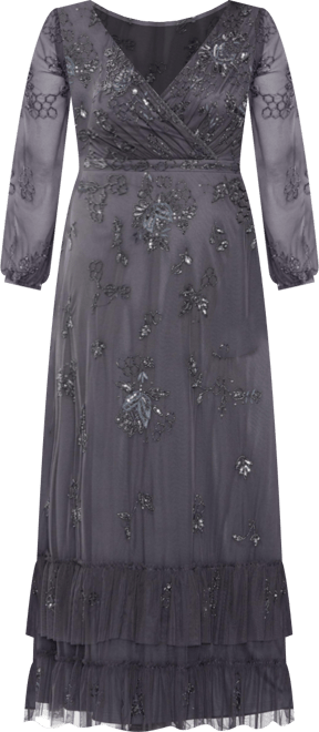 Women's Puff Sleeve V-Neck Tiered Embellished Gown