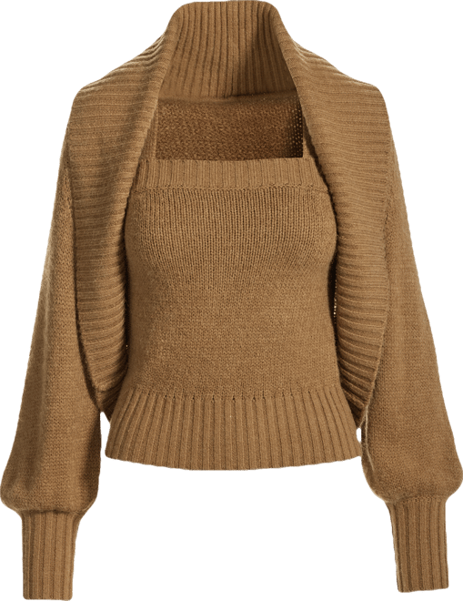 Cardigan and Square Neck Tank Sweater Set Suntan