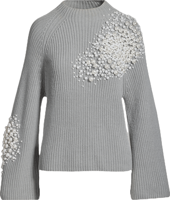 Pearl Embellished Flare Sleeve Sweater Heather Gray