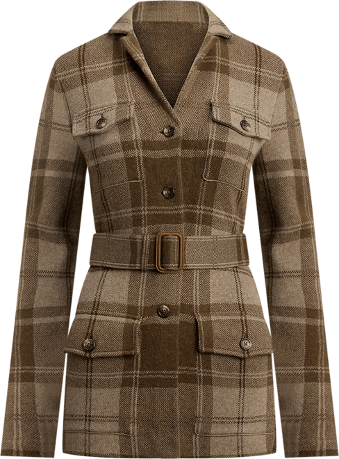 Women's Plaid Belted Double-Knit Blazer