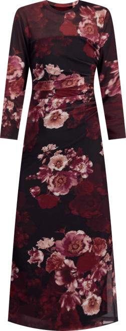 Women's Printed Triple Mesh Side Ruched Midi Dress