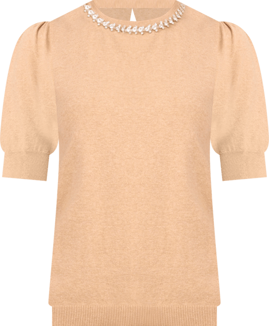 Women's Embellished Neck Trim Short Sleeve Sweater Top