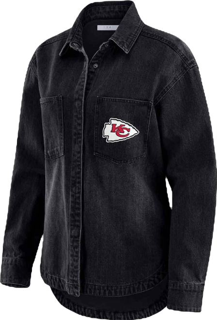 Women's Black Kansas City Chiefs Washed Oversized Denim Full-Snap Shacket