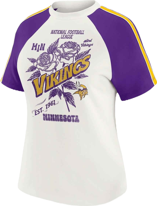 Women's White Minnesota Vikings Sleeve Stripe Distressed Raglan T-Shirt
