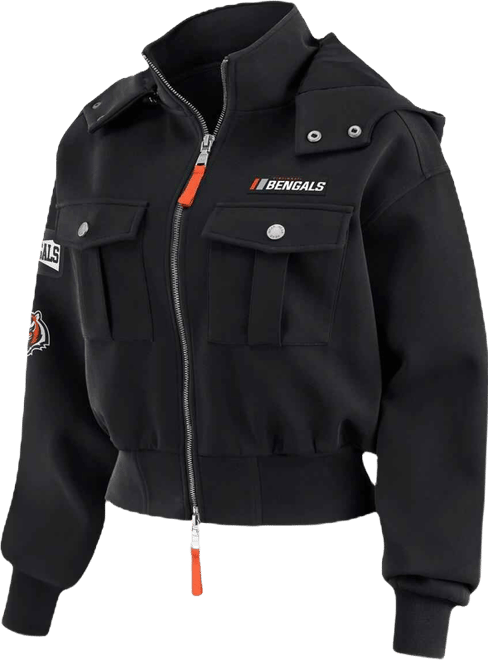 Women's Black Cincinnati Bengals Patch Pocket Cropped Full-Zip Bomber Jacket