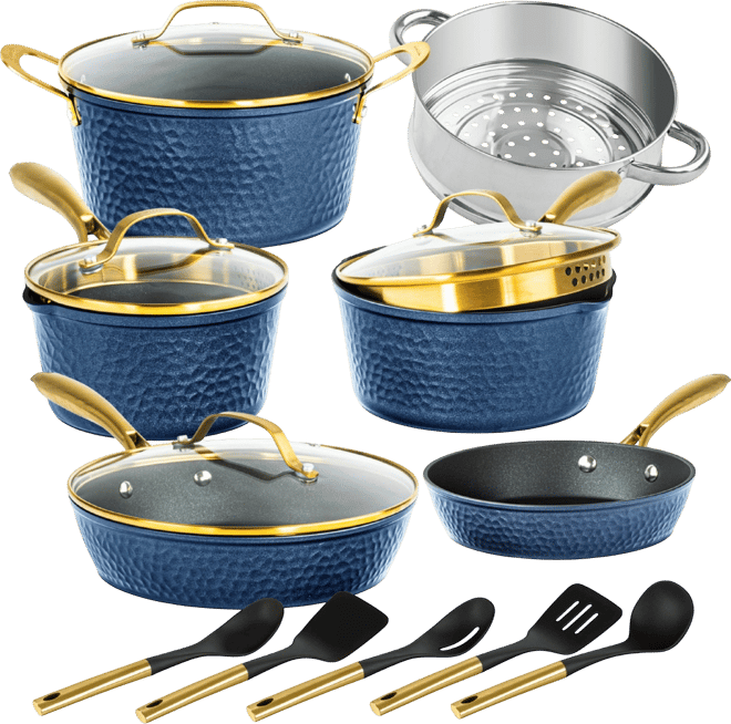 Charleston Collection 15-Piece Hammered Ceramic Coating Nonstick Cookware Set